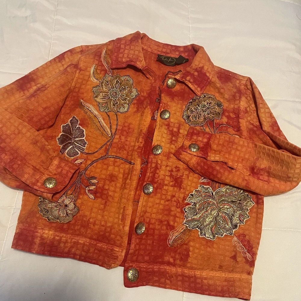 Julia Kim‎ Jacket M Orange Red Floral Embroidered Button Up Casual Outerwear